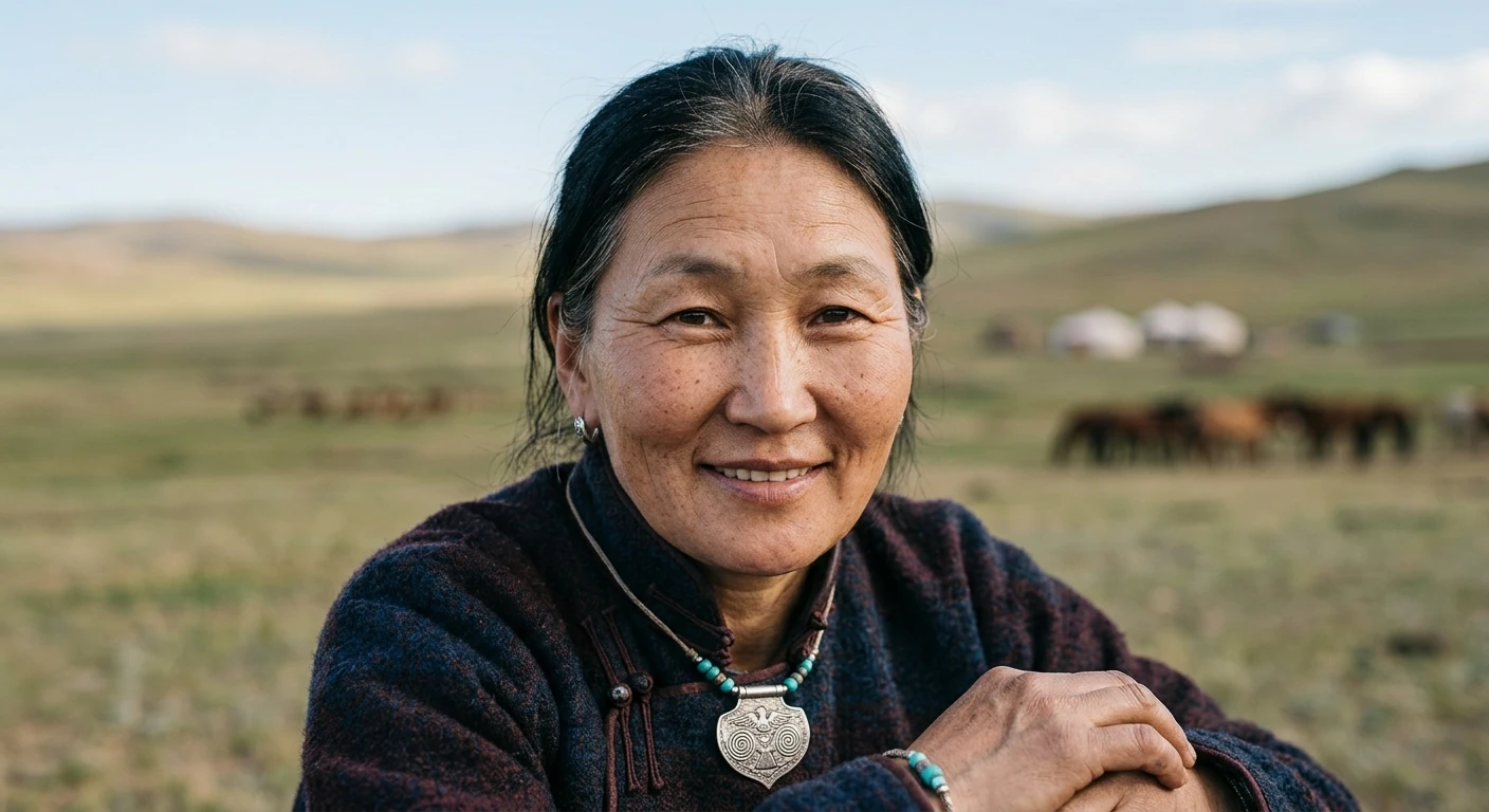 Anya Udgan in der mongolischen Steppe. In der Ferne Jurten und eine Pferdeherde.