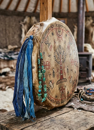 Die geerbte Fell-Trommel, Rahmen aus Lärchenholz, blaue Bänder und Kordel aus türkisfarbenen Perlen